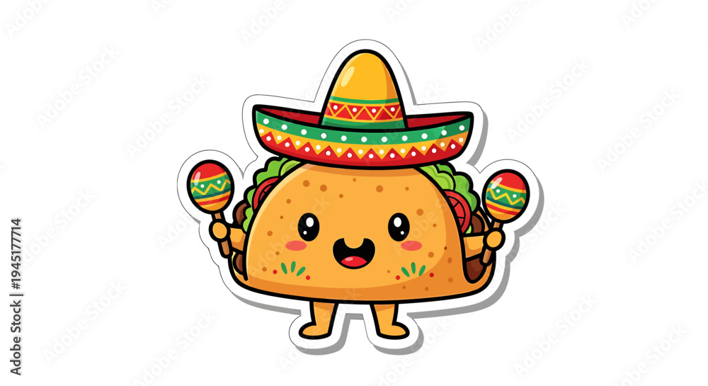 Fototapeta premium Cartoon taco character in sombrero smiling.