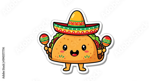 Cartoon taco character in sombrero smiling.