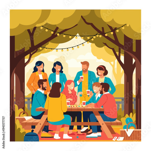 Friends enjoying outdoor picnic party with board games and drinks under string lights