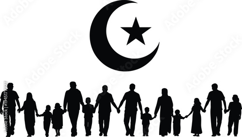 muslim, family, silhouettes, islam, crescent, star, ramadan, religion, people, unity, community, culture, faith, prayer, tradition, eid, spiritual, togetherness, illustration, vector