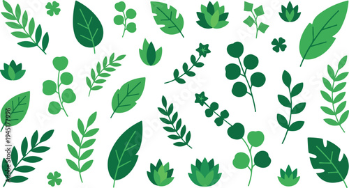 Green Leaves and Botanical Elements Pattern on White Background