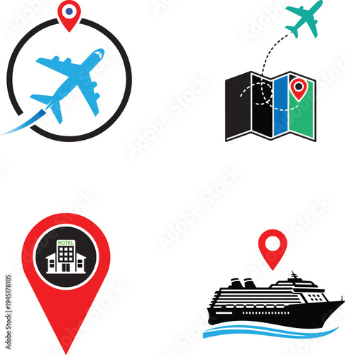 Travel and navigation icons representing transport and destination markers