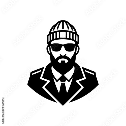 Cool bearded man vector illustration with beanie hat and sunglasses.
