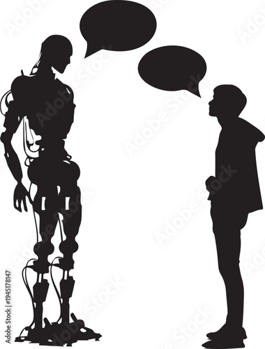 A robot and a human having a conversation with speech bubbles.