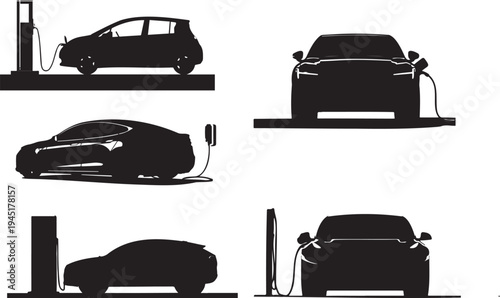 Silhouettes of electric cars plugged in and charging at charging stations.