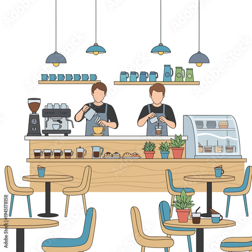 Baristas making coffee at a modern cafe counter with customers' tables and chairs