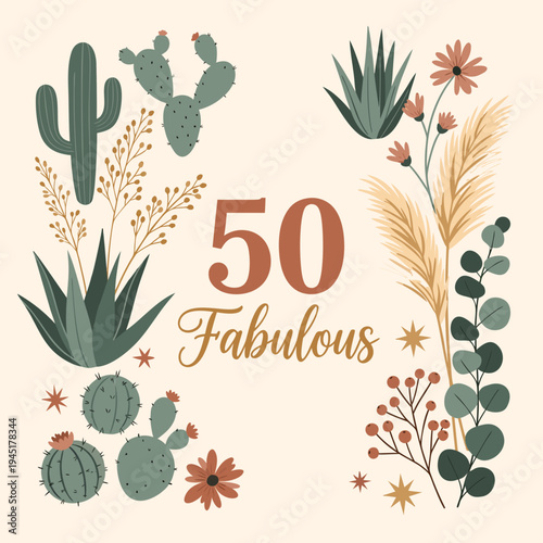 50 Fabulous Boho Desert Botanical Frame Birthday Vector