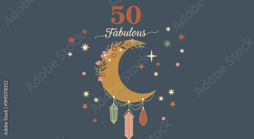 50 Fabulous Boho Celestial Moon Crystal Birthday Vector