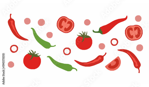 Spicy chili pepper and tomato ingredient vector food background cooking design