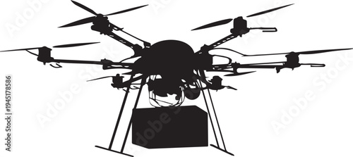 Silhouette of a heavy lift drone carrying a rectangular parcel.