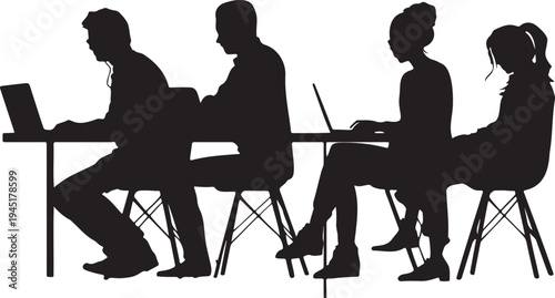 Silhouettes of people working together in a coworking space setting.