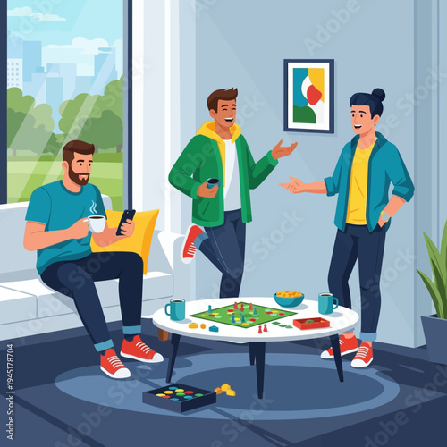 Friends playing board games at home, enjoying leisure time together