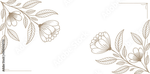 Golden floral line frame, ornate luxury vector design featuring floral and leaf motifs for wedding stationery vintage decor and elegant nature-themed invitations.