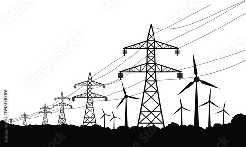 electricity, power, transmission, tower, wind, turbine, energy, grid, renewable, infrastructure, voltage, technology, industry, silhouette, vector, illustration, 
