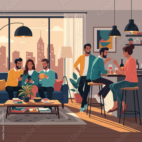 Friends socializing at home, enjoying drinks and conversation in a modern apartment