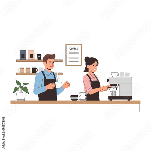 Baristas preparing coffee at a counter in a modern cafe, serving customers