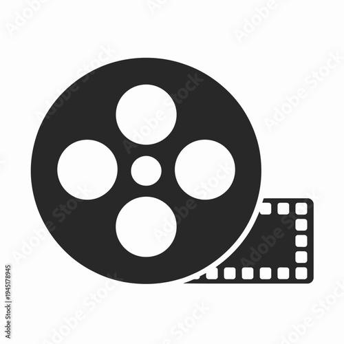A vintage film reel icon with a strip of film extending to the right side isolated on white background, Vector, illustration