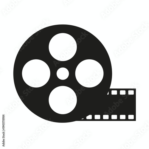 A black and white icon of a film reel with a strip of film extending from the right side isolated on white background, Vector, illustration