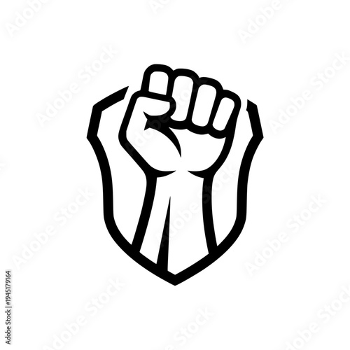 Clenched fist raising up with shield background vector illustration
