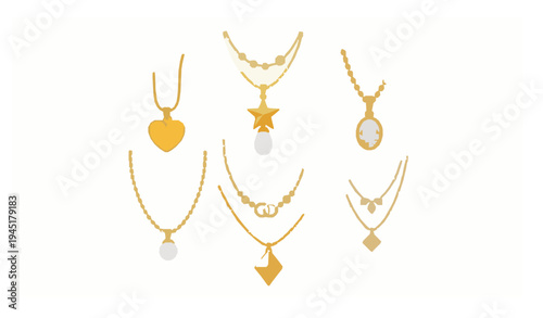 Gold pendant necklace jewelry flat vector set arranged in circular layout isolated on white