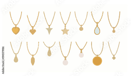 Elegant gold pendant necklace vector collection feminine jewelry set isolated on white background