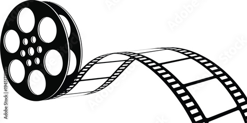 A vintage film reel with a long strip of movie film extending from it. isolated on white background, Vector, illustration