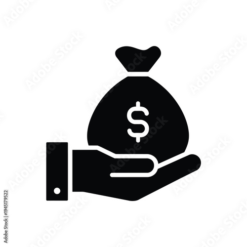 A hand holding a bag of money with a pen and a notebook nearby. isolated on white background, Vector, illustration