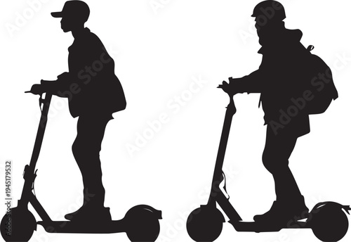 Silhouettes of two people riding electric scooters
