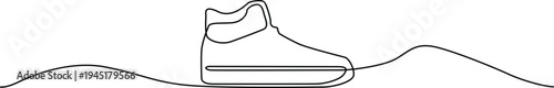 A stylized illustration of a single sneaker with a wavy line extending from it. Vector