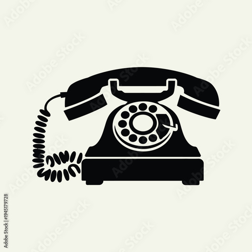 A vintage black rotary dial telephone with a coiled cord and receiver resting on the hook isolated on white background, Vector, illustration