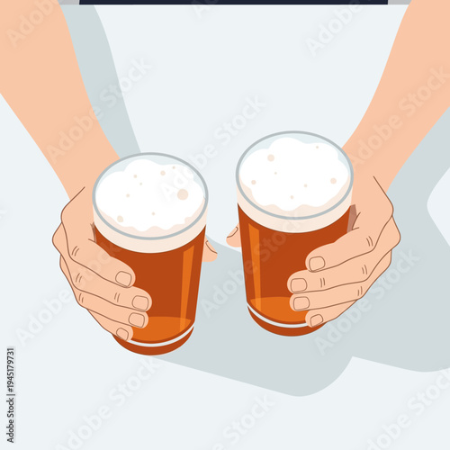 Hands holding two glasses of beer with foam, close-up shot, pub background