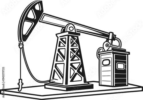 Vintage Oil Pump Machine Line Drawing, Retro Petroleum Industry Pumpjack Engraving Illustration, Classic Oil Extraction Equipment