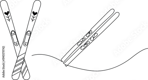 Skis with heart and flower designs on a snowy slope Vector