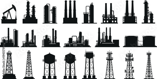 Oil industry refinery and drilling rig silhouettes set petroleum factory plants pumpjack towers and industrial energy infrastructure icons vector illustration
