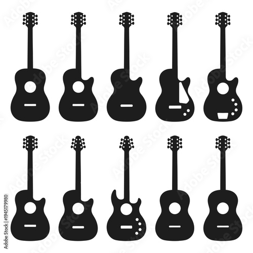 A collection of twelve black electric guitars with different body shapes and designs isolated on white background, Vector, illustration