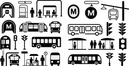 Public transport icon set featuring metro subway bus tram train stations traffic lights bus stops urban transit symbols for transportation infographic design