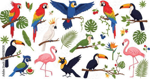 Exotic Jungle Birds Wildlife Collection with Parrots Toucans Flamingos and Tropical Birds with Leaves Flowers and Fruits Vector Illustration Set