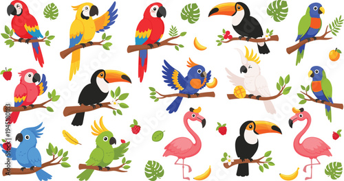 Exotic Tropical Birds Perched on Tree Branches Collection with Parrots Toucans Flamingos and Colorful Jungle Birds with Leaves and Fruits Vector Set