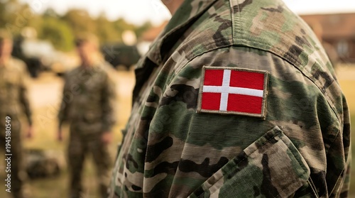 A Danish soldier wearing a camouflage uniform with the Danish flag patch