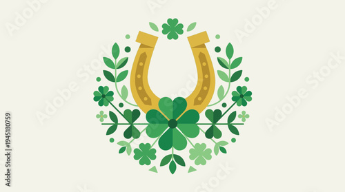Festive Lucky Horseshoe and Clover Arrangement, a Symbol of Good Fortune and Irish Heritage. Decorative Graphic for Celebrations
