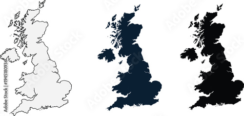 Stylized maps of the United Kingdom in three variations, showing Great Britain and Northern Ireland with different shading for design and education