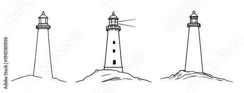 Lighthouse beam set with minimalist line art of a beam cutting through fog featuring coastal decor, simple fluid strokes, isolated on white with line art and illustration