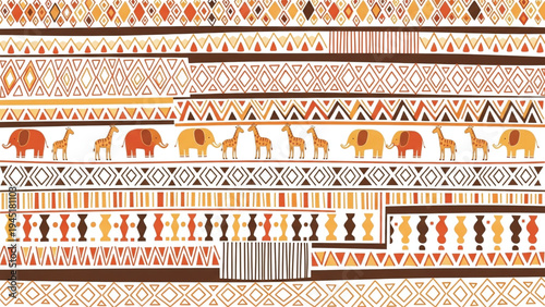 Vibrant African inspired tribal pattern with animals and geometric shapes isolated on white background.
