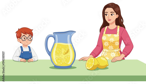 A mother and son preparing lemonade together in a kitchen