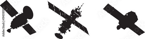 Silhouettes of three diverse satellites in orbit for space exploration