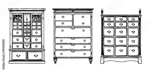 Apothecary cabinet set with detailed woodcut style illustration of a Victorian cabinet with multiple drawers featuring medicinal, glass, leather with white background and icon