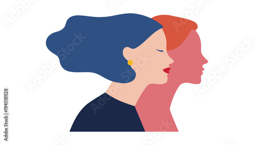 A woman with blue hair and a red haired silhouette beside her