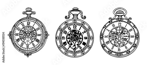 Pocket watch set with ornate Victorian line art design featuring gears, steampunk, Victorian with line art and white background