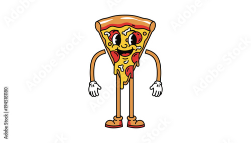 A cartoon pizza slice character with a happy face and arms