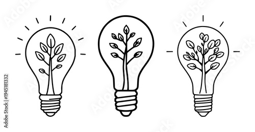 Tree-lightbulb set with minimalist pictogram inside a bright green idea symbol featuring bold lines, simple illustration, green color with white background and corporate icon